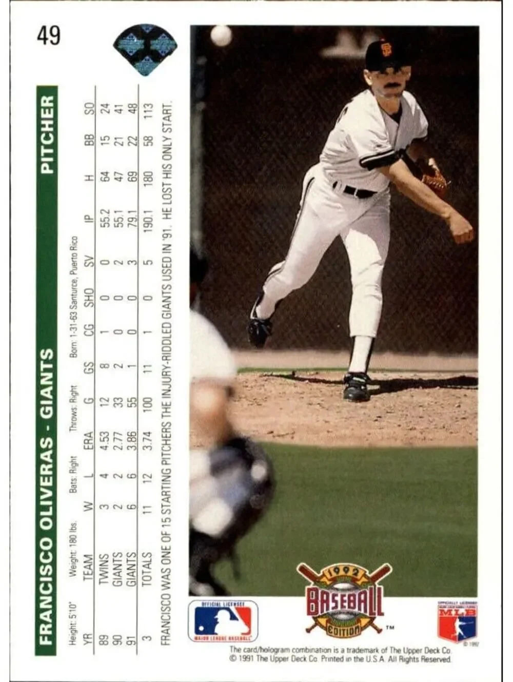 Francisco Oliveras 1992 Upper Deck MLB #49 Baseball Card San Francisco Giants